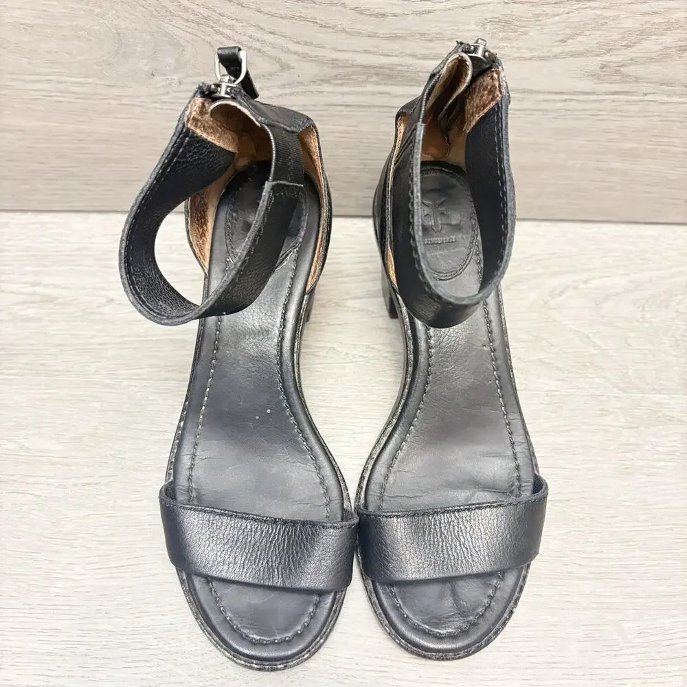 Frye Brielle Sandals Black Leather Back Zip Stacked Heel Sandal Women’s Size 6M